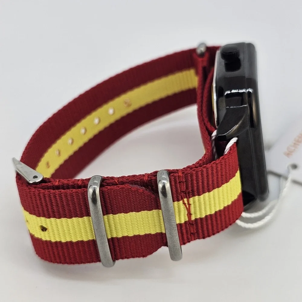 Men's‎ Watch 42MM Black Dial Date Indicator Red Yellow Canvas Bands New Battery